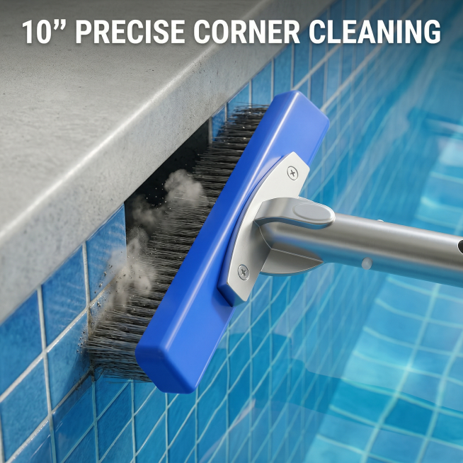 Clean detail brush used in indoor concrete swimming pool, product in use scene. Top text "10'' PRECI预览效果