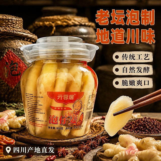 [主图-3] 亓蓉居泡仔姜核心卖点图 产地工艺溯源。
[氛围风格] 四川老坛泡菜溯源感 传统工艺 信任背书 拼多多直白风格。
[画质] 商业摄影质感 光线自然 产品清晰 画面有故事感。
[元素] 亓蓉居泡仔姜800克玻璃瓶放在画面中央偏左 瓶身正面展示 背景是虚化的四川老坛泡菜坛 竹编盖 陶土大坛 旁边散落新鲜仔姜 红辣椒 八角 花椒等香料 营造传统老坛泡制氛围 右下角有一双竹筷夹起一片泡姜 姜片切面透亮。保持产品外观物理结构材质质感颜色与输入产品图完全一致 杜绝变形色差 商品主体占比约60%。
[光影] 侧上方暖光为主光源 模拟传统作坊自然光 老坛有厚重阴影 泡姜通透有光泽 整体暖黄色调 有年代感和信任感。
[配色] 主色暖棕陶土色 产品姜黄 标签橙红 辅助色深绿辣椒 深棕香料 米白。
[视角构图] 平视略仰 产品在左中 右侧和上方留文案空间 背景老坛虚化 突出前景产品和配料。
[文字版式] 画面右上区域右对齐 大字主标题 老坛泡制 地道川味 橙红色粗黑体 醒目 下方三行小卖点竖排式横排 传统工艺 自然发酵 脆嫩爽口 深棕色 每行前加小圆点 底部左侧半透明深棕底白字小标签 四川产地直发。
[输出要求] 1:1比例 文字清晰锐利 超高清商业摄影质感。
[负向提示词] 变形 文字错乱 产品模糊 背景杂乱 水印 电商平台Logo 人物。