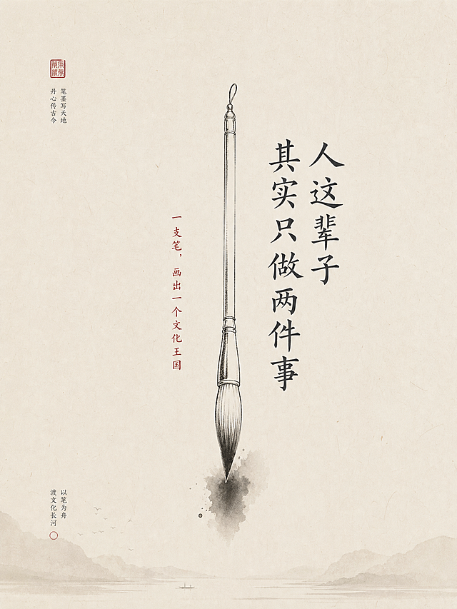宣纸米白色背景，画面中央有一支极简线描毛笔，笔尖带有墨迹晕染效果。文字排版：大字楷体“人这辈子 / 其实只做两件事”，小字朱砂红色“一支笔，画出一个文化王国”。大量留白，东方禅意风格，低饱和暖调。