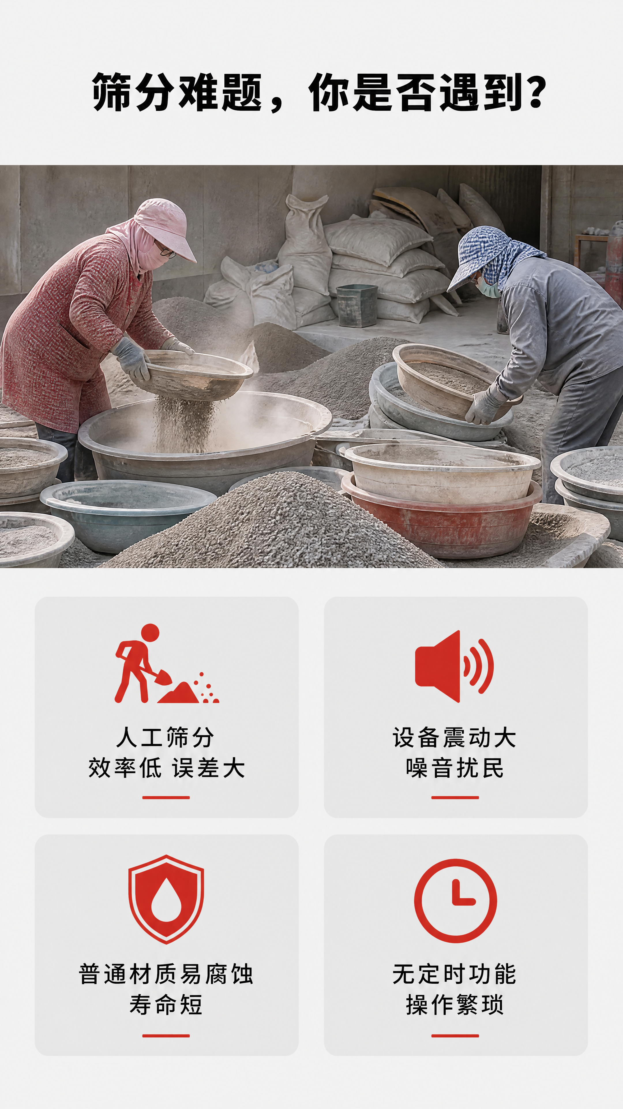 [第2屏] 筛分痛点直击，分析传统筛分设备常见问题。无需使用产… - 图片创意预览