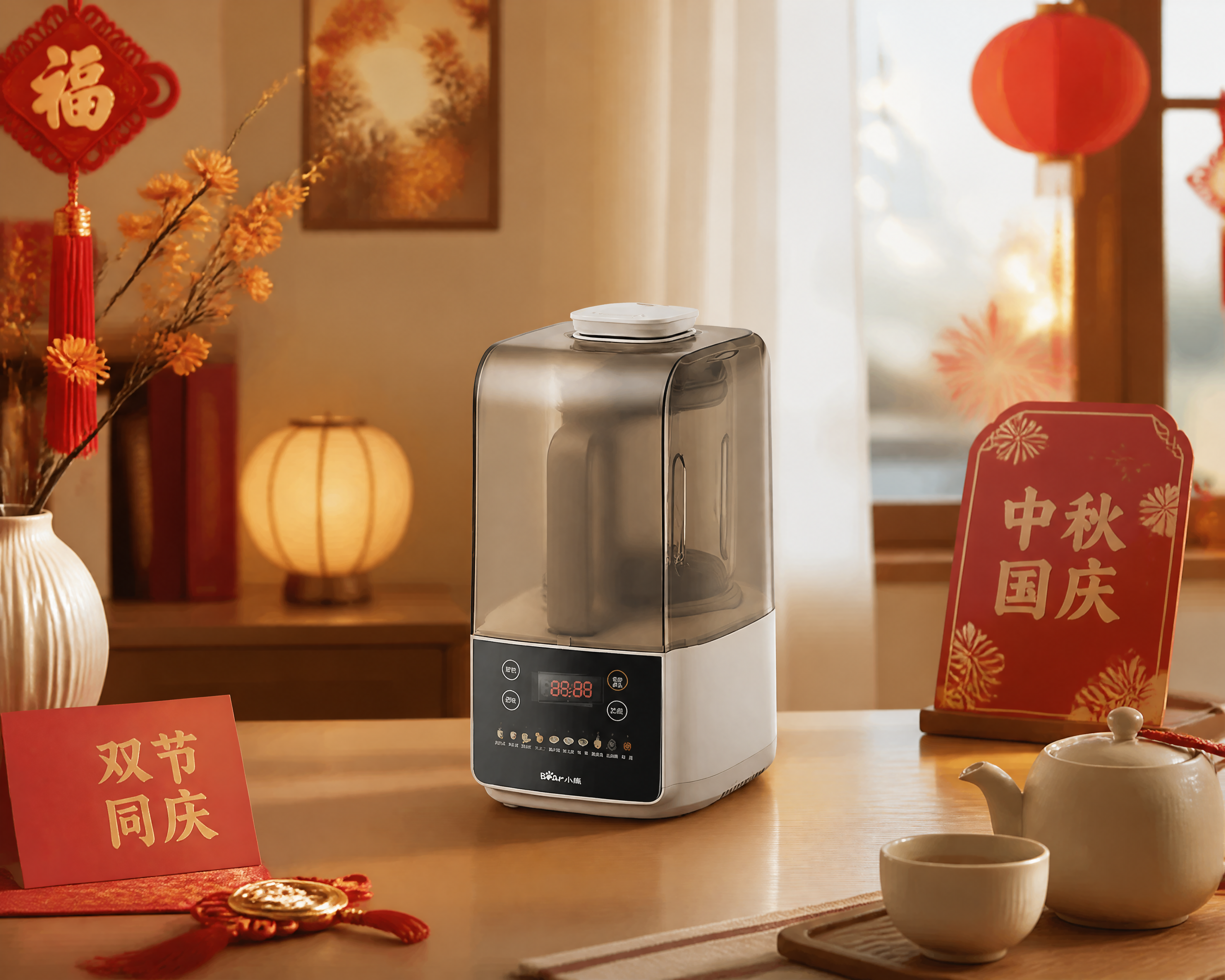 将图中的小熊破壁机产品放置在画面中间，产品尺寸不要过大。背景为… - 图片创意预览