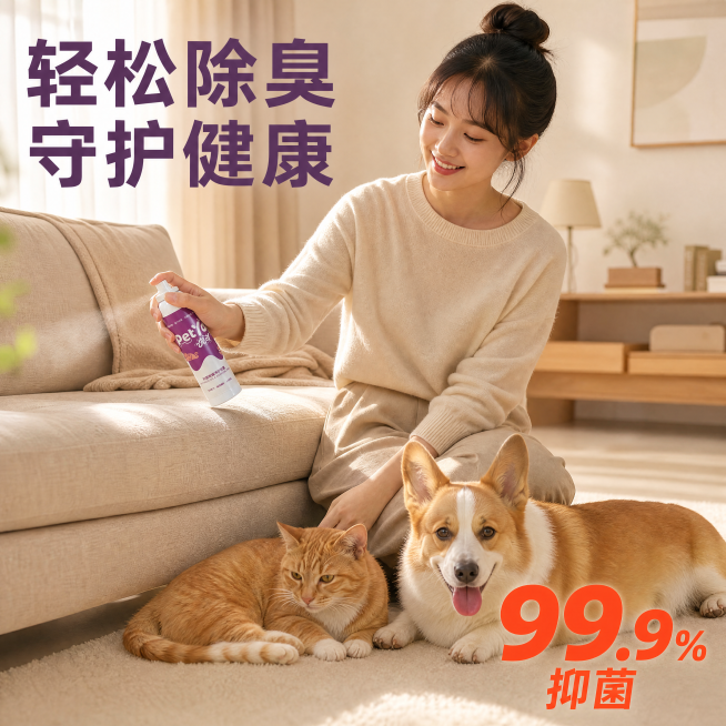 [主图-6] 主人和宠物互动真实场景，突出使用体验。氛围风格：暖调生活化，真实自然的家居互动感。画质：商业摄影质感，光线柔和通透，产品清晰真实，画面干净高级。保持产品外观（物理结构、材质质感、紫白配色预览效果