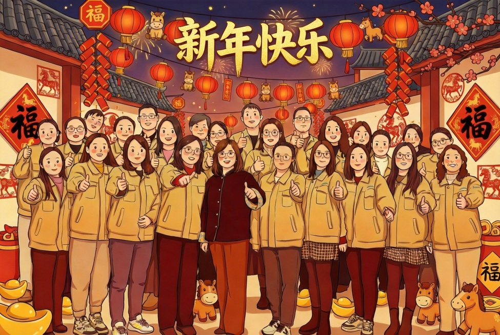 在画面合适位置添加金色艺术字体“新年快乐”，风格与整体新年氛围匹配预览效果
