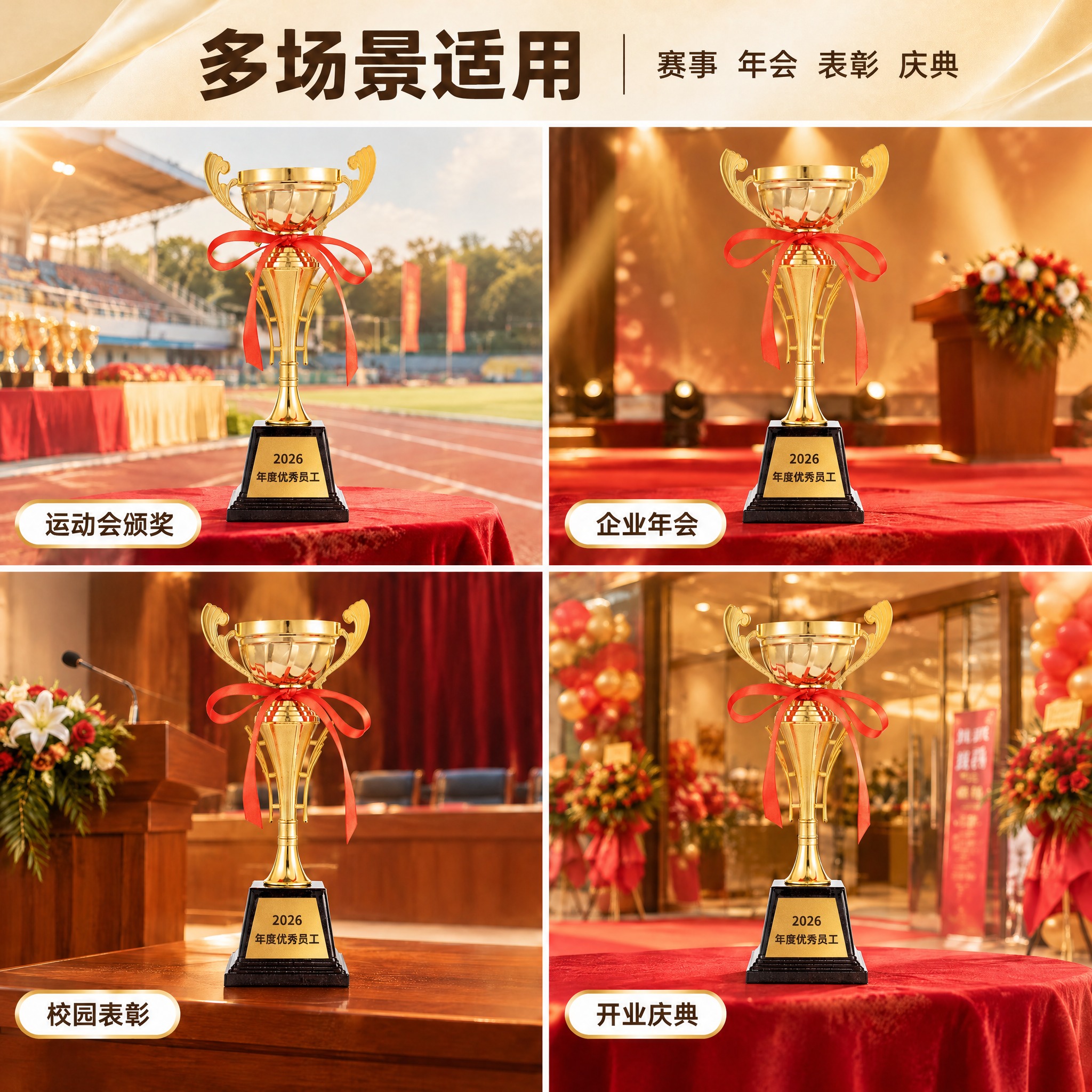 [局部编辑] 仅在这张「金属奖杯」四宫格多场景适用主图上做局部… - 图片创意预览