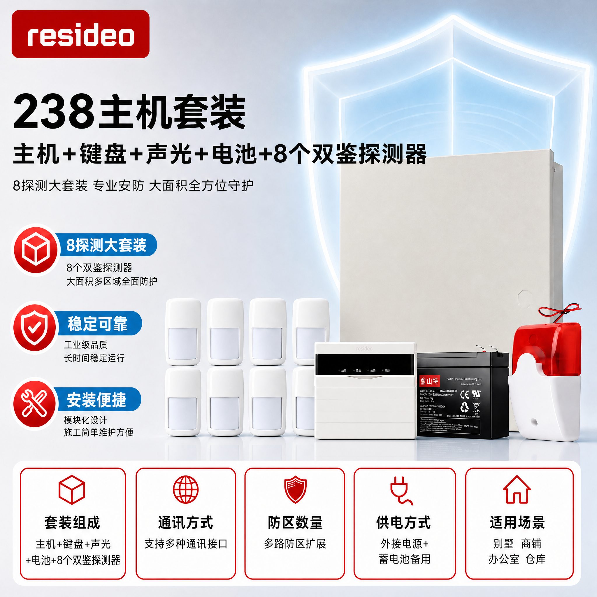 [主图-1] 238主机+键盘+声光+蓄电池+8个双鉴探测器… - 图片创意预览