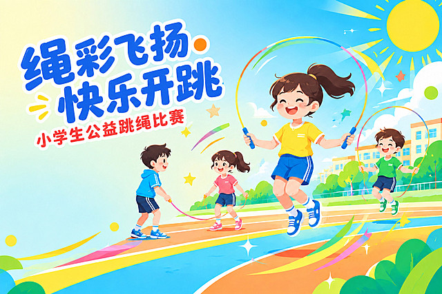 保持原插画画面、人物、配色、构图完全不变，仅在左侧大面积浅黄至浅蓝的留白区域添加文字排版：主标题「绳彩飞扬·快乐开跳」使用深蓝色（#1F4FD8）活泼圆润的卡通字体，字号大、笔画粗、带白色描边与轻微手绘感，错落倾斜两行排版，字距紧凑，并配一个活力橙色小圆点点缀；主标题下方副标题「小学生公益跳绳比赛」使用活力红色（#FF4D3D）圆体中等字号，横向排列。文字整体位于画面左侧中部偏上，左上留出安全边距，不遮挡右侧跳绳的小朋友与太阳，无其他多余文字，画面干净清晰、文字边缘干净不模糊。