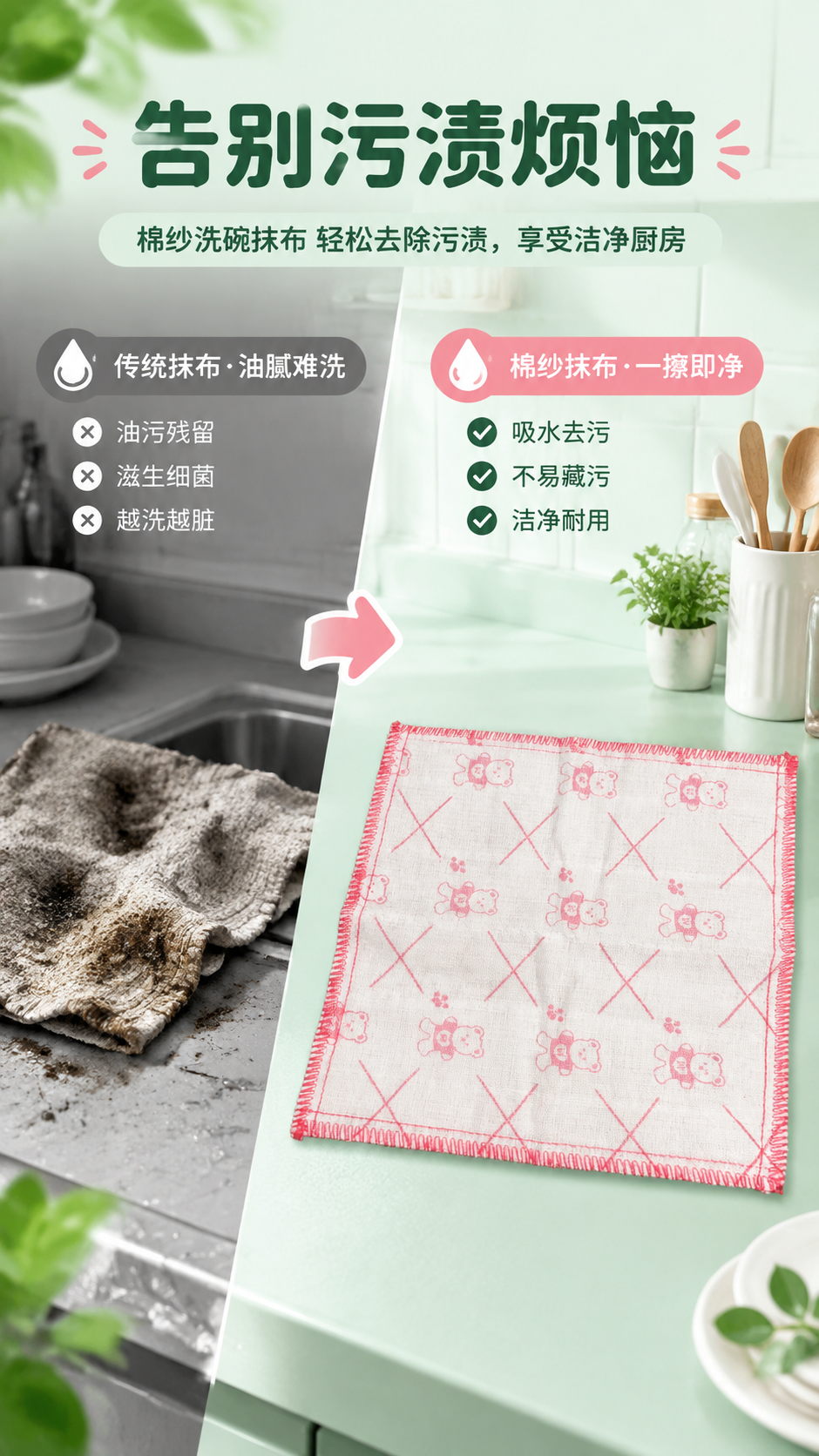 [商品] 使用【图3】棉纱抹布平铺全貌，粉色小熊印花+红色锁边… - 图片创意预览