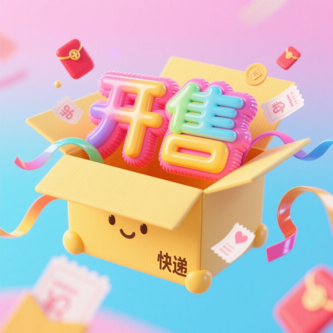 一个可爱的黄色快递箱，箱内弹出彩色立体大字 “开售”。周围环绕红包、优惠券、流动的彩色丝带等元素，背景为明亮的渐变光效预览效果