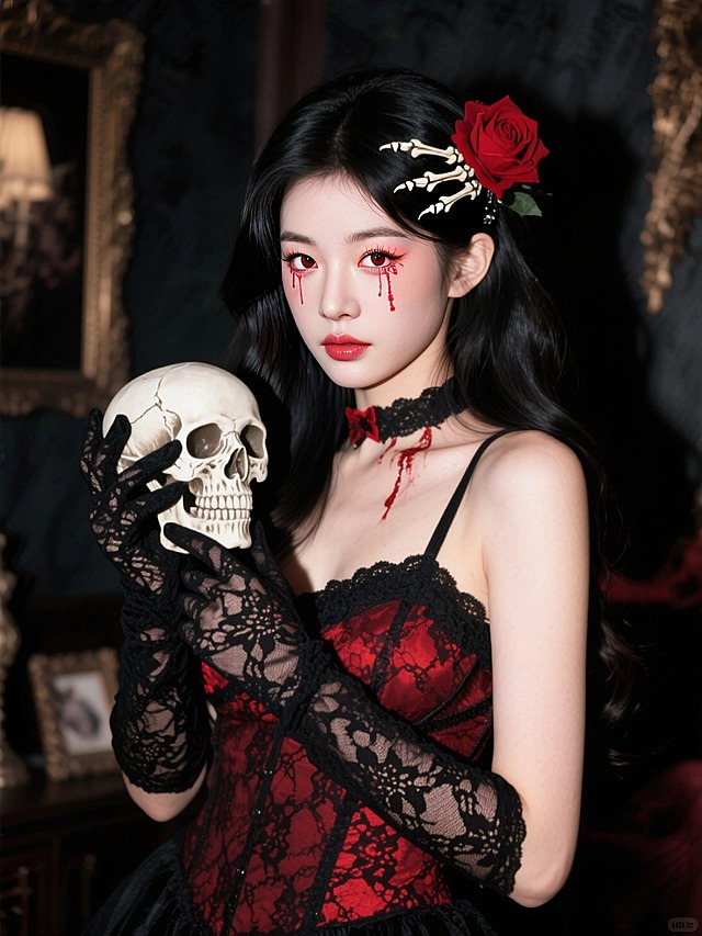 眼妆以红色系为主，搭配下眼睑的血色泪痕，穿着黑红蕾丝服饰，佩戴黑色蕾丝手套，头上戴有骷髅爪发饰（贴在头上）、红玫瑰；手持骷髅头道具，背景是复古暗黑风格的室内场景