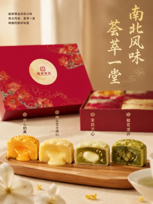 「图片1」，生成一套主图（5张），商品名称是融旅缘月·百味呈祥
 产品内容：广式单黄白莲蓉口味*2
广式椰蓉*2
广式流心奶黄月饼*2
广式海盐芝士流心月饼*1
广式茉莉芝心月饼*1
广式桂花龙井月饼预览效果
