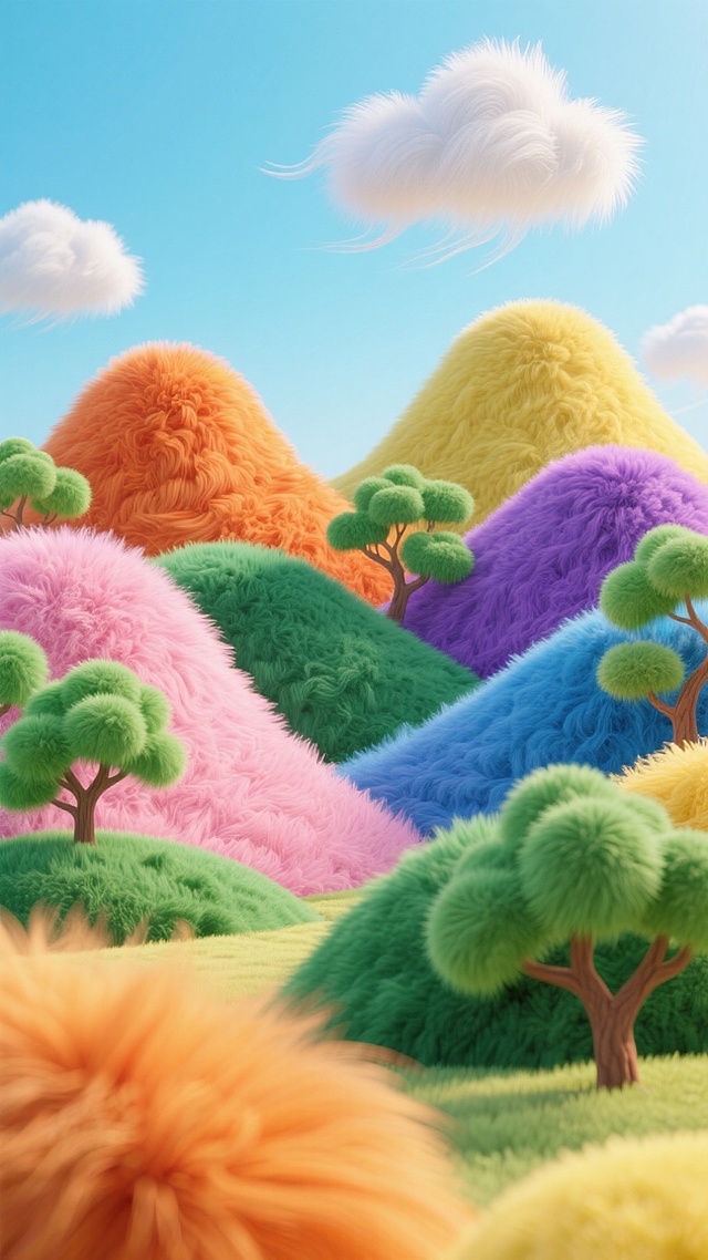 起伏山丘（分别橙色、粉色、蓝色、绿色、黄色、紫色），山丘上有绿色树木，浅蓝色天空中有白色云朵