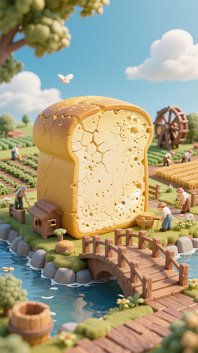 巨大的吐司面包作为视觉中心，小桥流水，栈道，远处有水车和农田，农民，蓝天白云