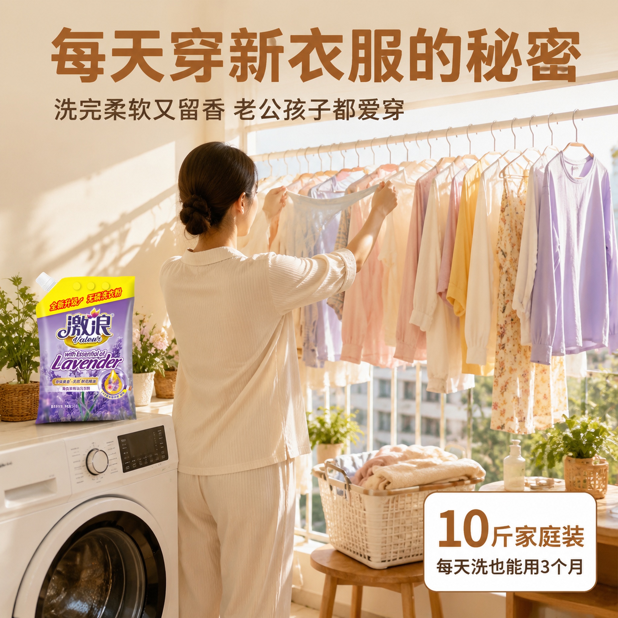电商主图第四张，真实洗衣场景生活抓拍图。背景为温馨明亮的家庭阳… - 图片创意预览
