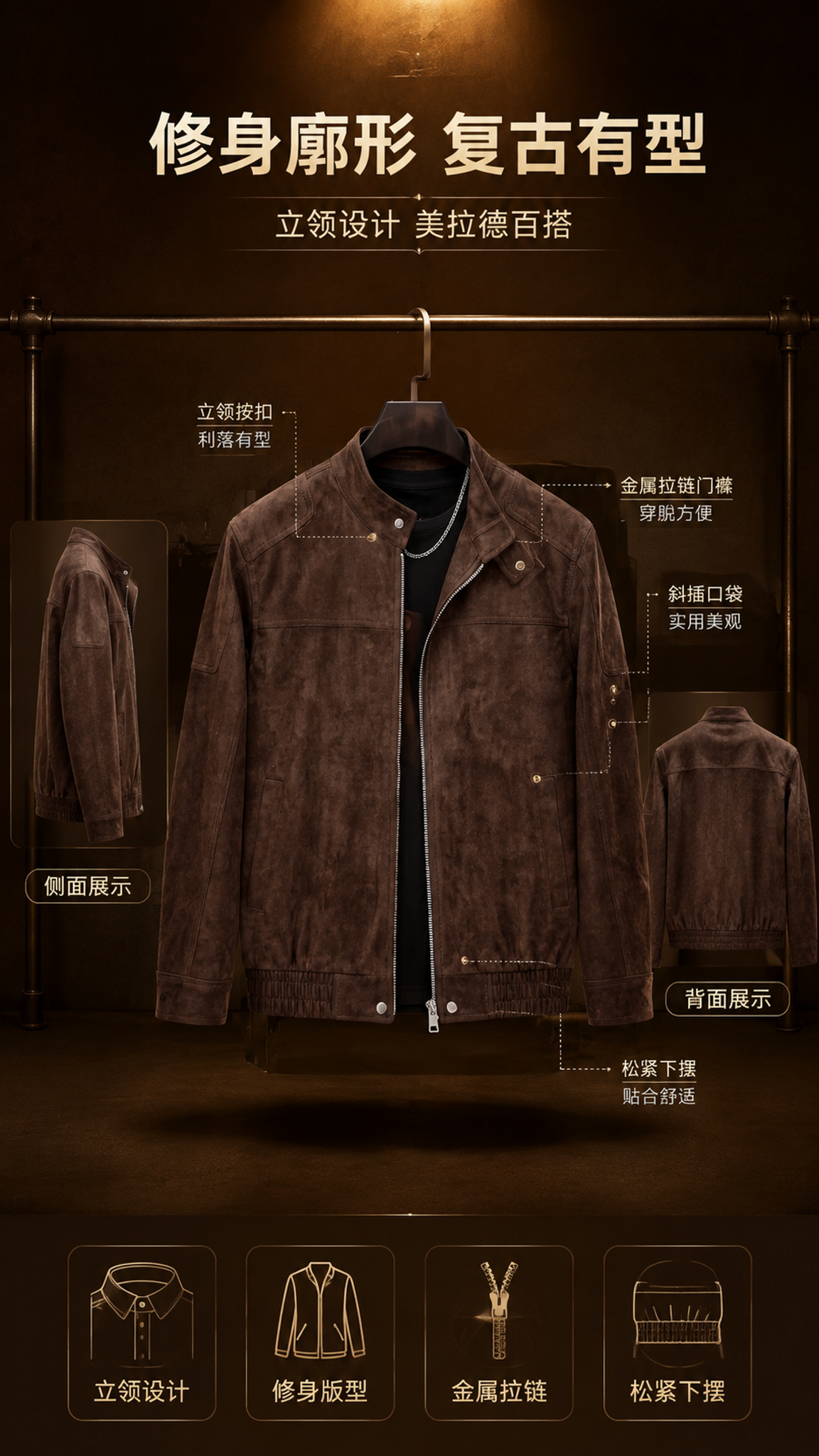 [第2张] 详情页版型解析-深棕色麂皮绒立领夹克多角度廓形展示… - 图片创意预览