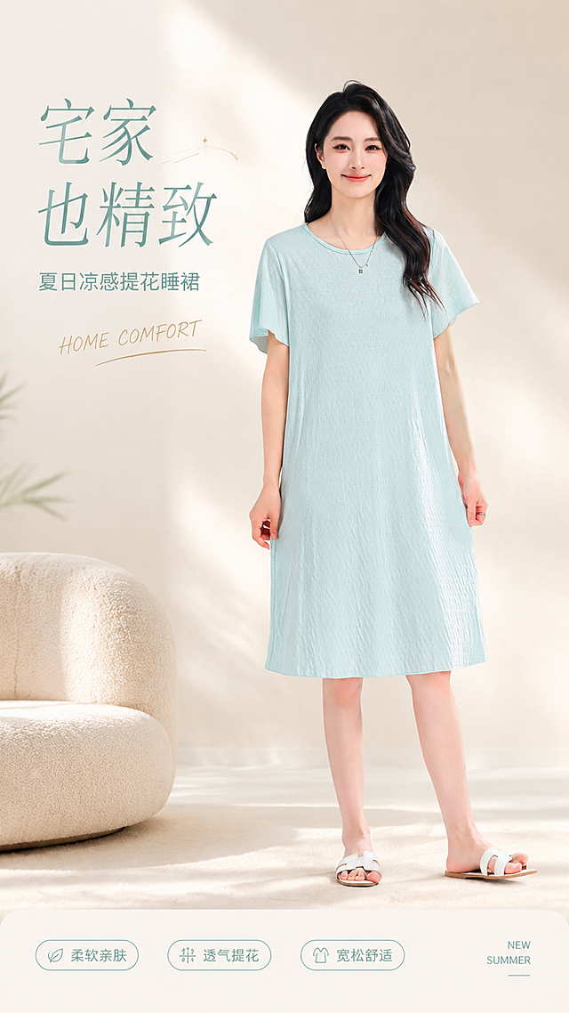 [第1张] 详情页头图海报 - 女士浅薄荷绿提花短袖睡裙风格宣传海报。本张使用【图3】作为模特主体，参考【图1】的详情页首屏版式风格。
[氛围/风格] 清新治愈居家风，柔和自然光，高级商业摄影质感，奶油米白+薄荷绿配色，温馨松弛氛围。
[元素布局] 模特位于画面中央偏右，占比约60%，正面站立微笑，身穿浅薄荷绿提花短袖睡裙，睡裙颜色、版型、提花纹理与输入图完全一致；左侧留标题区；背景为浅米色柔和渐变，左下角点缀米白色毛绒沙发一角，地面有柔和投影。
[光影质感] 左上方柔和漫射主光，右侧辅光补光，整体明亮通透，皮肤白皙自然，面料呈现柔软垂坠质感，阴影柔和不生硬。
[配色色系] 全局底色 #F5F1EB 奶油米白；主色 #B5E0D6 薄荷绿；辅助色 #FFFFFF 纯白、#C9B8A8 浅棕点缀。
[视角构图] 正面微仰视，人物为视觉中心，阅读动线左上标题 → 中部人物 → 底部信息条。
[文字版式] 左上标题区：主标题「宅家也精致」大号纤细宋体，副标题「夏日凉感提花睡裙」小号无衬线体；标题下方手写体英文装饰「HOME COMFORT」；底部横条信息区：左侧「柔软亲肤」「透气提花」「宽松舒适」三个圆角标签，右侧「NEW SUMMER」英文小字；文字不遮挡人物主体。
[比例分辨率] 9:16 竖版比例，4K分辨率，文字清晰可辨，高清画质。
[负向提示词] 睡裙变形，颜色偏差，面料纹理错误，水印，文字错乱模糊，人物面部畸形，背景杂乱，缺件错件。