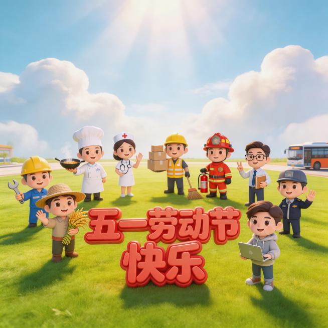 3D卡通风格，五一劳动节大场景，开阔全景，Q版可爱各行各业劳动者，阳光明媚，蓝天白云，色彩明亮温馨，电影级光影，柔和阴影，细腻质感，画面干净大气，高清超细节，适合海报预览效果
