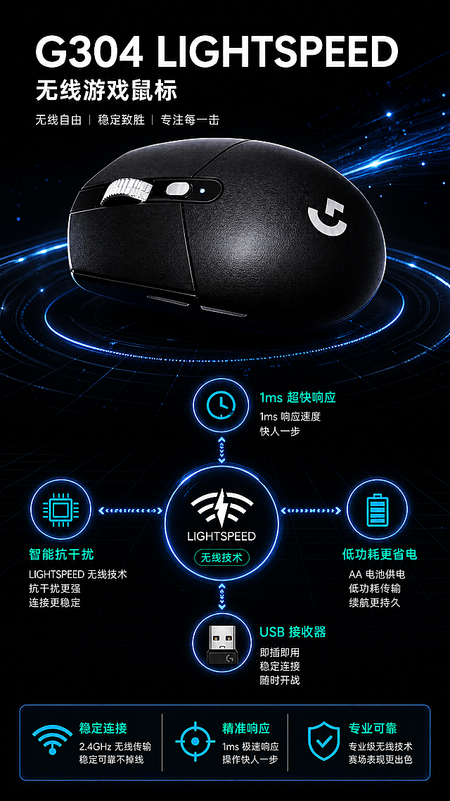 [第4屏] LIGHTSPEED技术解析升级版：简化信号传输示意图，聚焦三大核心——1ms响应、2.4GHz稳定传输、智能抗干扰, 去除冗余线条。[氛围] 深空科技感，黑底#000000，蓝光粒子流动，信息清晰不炫技。[元素布局] 上方主图：G304斜侧视角（来自【图4】），占比40%，突出滚轮与G标；中部：中心节点为‘LIGHTSPEED’发光圆环, 四向连接：左‘智能抗干扰’（芯片图标）、右‘低功耗更省电’（电池图标）、上‘1ms极速响应’（时钟图标）、下‘USB接收器’（接收器实物图）；底部三标签：「稳定连接」2.4GHz无线传输 / 「精准响应」1ms操作快人一步 / 「专业可靠」职业级无线技术。[光影] 主光左上45°，产品高光锐利，蓝光路径呈虚线箭头，不遮挡文字。[配色] 全局#000000；图标#00BFFF；文字#FFFFFF；高亮标签#00C4A7。[文字版式] 标签文字14pt，每行≤12字，断行清晰；所有参数真实（1ms/2.4GHz/AA电池），无虚构。[比例] 9:16, 1080x1920, 4K