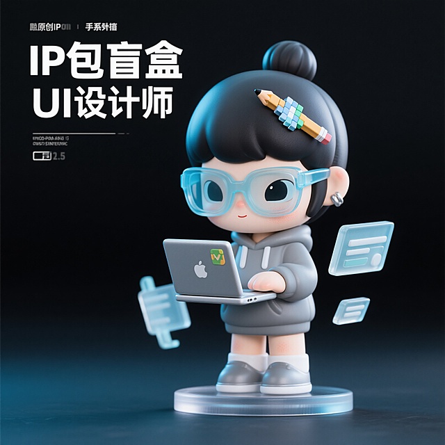 潮流IP形象，女生，UI设计师，头身比1:2.5的Q版人物，戴半透明浅蓝科技感眼镜，丸子头别着像素画笔发夹，手持笔记本电脑，身穿灰色卫衣，身边悬浮毛玻璃质感UI组件，潮玩插画风，细节丰富，3D插画风格，深色背景