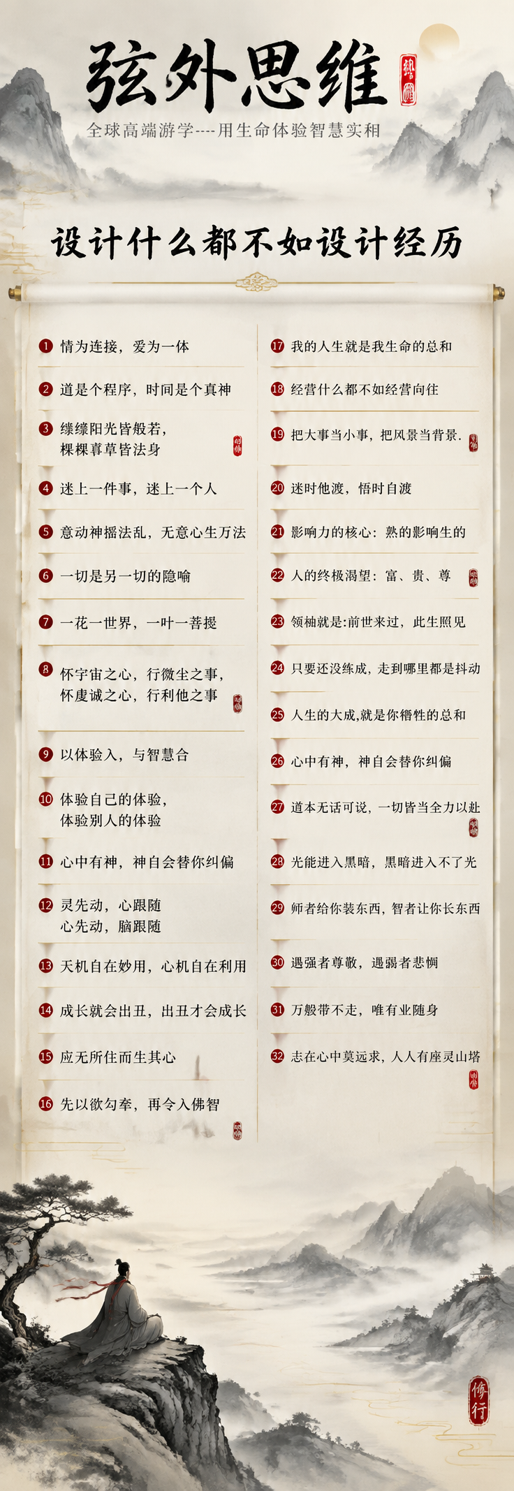 一张高端哲学游学课程长海报，竖版超长比例，新中式水墨禅意风格。… - 图片创意预览