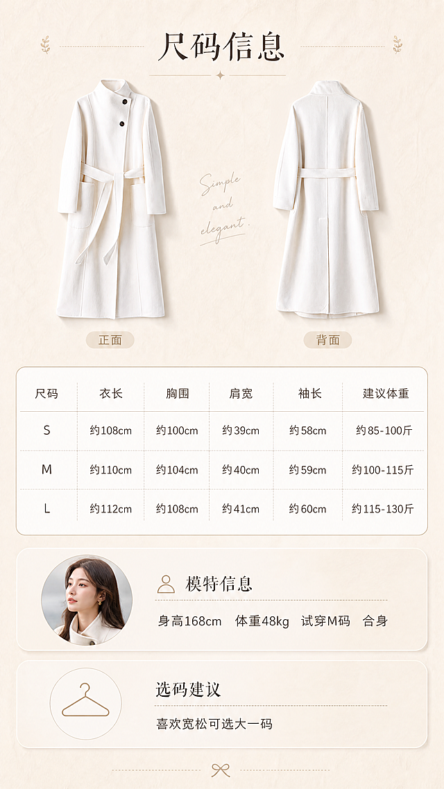 [商品] 使用【图2】正面和【图3】背面米白色立领系带双面呢大衣平铺图，作为尺码页产品示意；保留全部结构与米白颜色；商品处理：自然去皱，平整展示，增强质感，不改变版型结构。
[画面] 目标：尺码信息与模特信息页，方便消费者选码。构图：竖版9:16，上半部分左右放置大衣正面小图和背面小图（各占约1/4宽度），中间主体为尺码表格。下半部分为模特信息和选码建议。背景：浅米色纸张质感，表格为白色底+浅棕细线。阅读动线：从上至下，先看产品缩略图，再看尺码表，最后看模特信息。
[视觉] 套系策略：风格=温柔韩系画报风，干净高级有质感；标题字=纤细优雅宋体衬线体，字重中等偏细；正文字=简洁无衬线细体；主色=米白奶油色；背景延展=基于米白奶油色做深浅层级、同色渐变和细腻织物/纸张质感，加入浅奶茶色、燕麦色层次；强调色=浅棕奶茶色，仅用于小面积图标、引线、标签和装饰线；标题色=深炭灰棕；正文色=中暖灰；组件=细线引线、圆角浅底信息卡、手写英文小字装饰；光影=左前侧暖柔光，柔和自然阴影，整体低对比度暖调。
[文字] 顶部主标题「尺码信息」。尺码表包含列：尺码、衣长、胸围、肩宽、袖长、建议体重；行：S、M、L（数值用约数表达，如衣长约108cm等保守表述）。表格下方模特信息：「模特信息 / 身高168cm 体重48kg 试穿M码 合身」。再下方选码建议：「选码建议 / 喜欢宽松可选大一码」。全部横排，表格文字清晰可读。
[规格] 图片比例9:16竖版，分辨率4K，质量medium。避免变形、错字、文字过小、冷蓝背景、大衣颜色改变、表格模糊不可读。