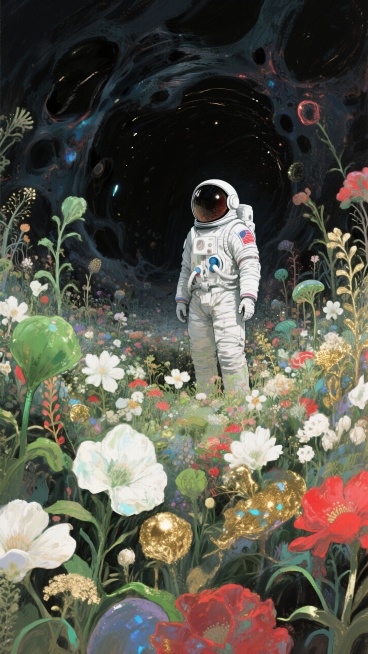 一位宇航员 按照莫比斯绘画风格展现，正在站在盛开的奇异的鲜花和植物中 充满着奇幻色彩 花更多点 颜料的涂抹感+肌理感，暗黑丙烯插画，超越时代，虚实反复穿插，非传统构图的艺术，耀变+反射，微光，绿+白+预览效果