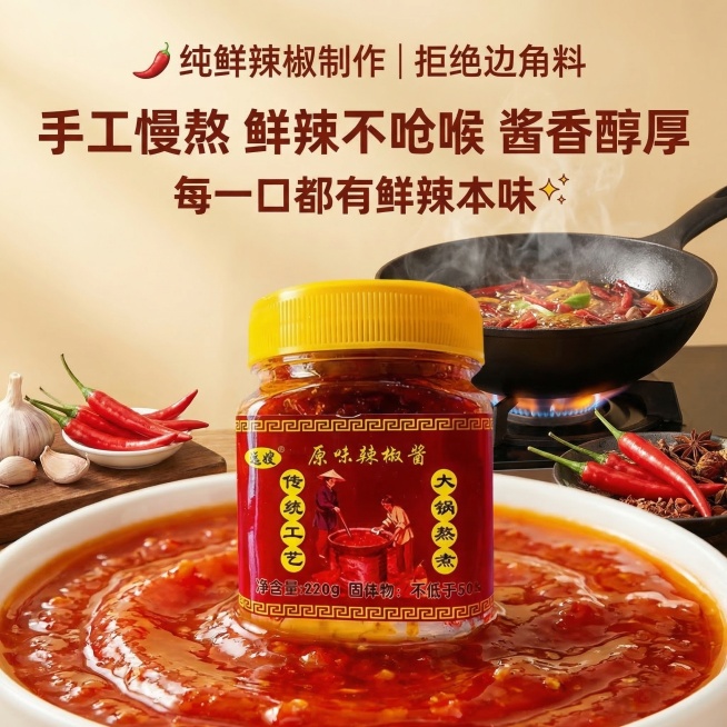 产品垫图，原味辣椒酱特写，辣椒酱质地细腻透亮、色泽鲜红，旁边摆放新鲜红辣椒和大蒜，铁锅慢熬烹饪氛围感，整体暖色调风格。顶部居中放置加粗红棕色文案"🌶️ 纯鲜辣椒制作｜拒绝边角料"，中间居中放置加粗红预览效果