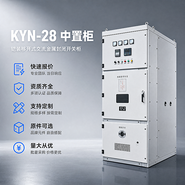 [主图-1] 中置柜KYN-28铠装移开式交流金属封闭开关柜首图，核心任务是展示产品整体外观与五大服务卖点，传递专业可靠的工业电气设备供应商形象。
[统一基调] 简洁有质感的工业风，浅灰渐变背景搭配深灰与金属蓝主色调，标题用白色粗体无衬线字体，辅助文字用浅灰色，强调色用科技蓝，整体干净利落、专业稳重，不带任何厂家logo和品牌标识。
[画面] 画面中心偏右位置放置一台完整的KYN-28中置柜，柜体为灰白色金属外壳，正面有操作面板、仪表窗口、断路器手车室门、接地开关操作孔等典型结构，柜体比例真实准确，高度约占画面70%。柜体呈微侧45度视角，能同时看到正面与侧面，体现立体感与体量感。左侧为文字信息区，顶部大标题，下方排列5个卖点图标加文字的组合块。背景为浅灰色到中灰色的渐变，底部有轻微的地面反射，营造空间感。
[光影质感] 商业工业摄影质感，主光从左上方45度照射，柜体顶部和边缘有清晰高光，正面受光均匀，右侧有柔和阴影，金属表面有细腻的反光质感，柜体接缝、螺丝、把手等细节清晰锐利，整体干净无尘，体现精密工业制造品质。
[配色] 背景主色浅灰渐变，柜体灰白色，标题白色，辅助文字深灰，强调色科技蓝#1E6FFF，图标用蓝色线条风格，整体冷色调专业感。
[文字版式] 左侧上部大标题"KYN-28 中置柜"，字体为粗体无衬线，字号大且醒目。标题下方副标题"铠装移开式交流金属封闭开关柜"，字号缩小约60%。再下方竖向排列5个卖点模块，每个模块左侧一个简约线性图标，右侧两行文字：第一行大字卖点名，第二行小字说明。5个卖点依次为："快速报价""专业团队 当日响应"，"资质齐全""多项认证 品质保障"，"支持定制""规格多样 按需定制"，"原件可选""品牌元件 自由搭配"，"量大从优""批量采购 价格更优"。文字全部左对齐，间距均匀，不遮挡柜体主体。
[输出要求] 1500x1500像素正方形，产品清晰锐利，文字清晰可读，整体简洁有质感。负向：禁止出现任何厂家logo、品牌标识、水印、平台logo，禁止柜体变形、结构错误、文字模糊、错字、画面杂乱、多余装饰元素，禁止出现人物、其他无关设备。