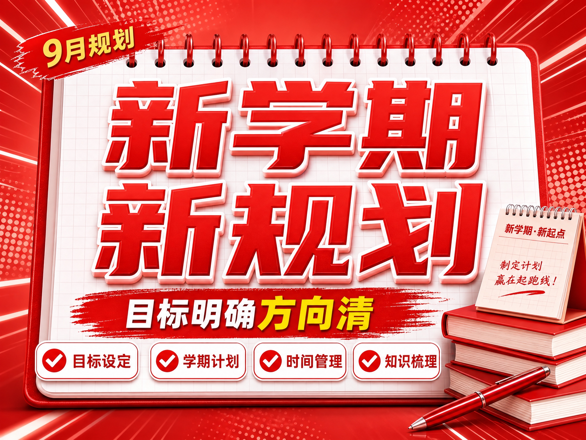 红色商务立体字风格开学季横版海报，红色线圈笔记本构图布局。画面… - 图片创意预览