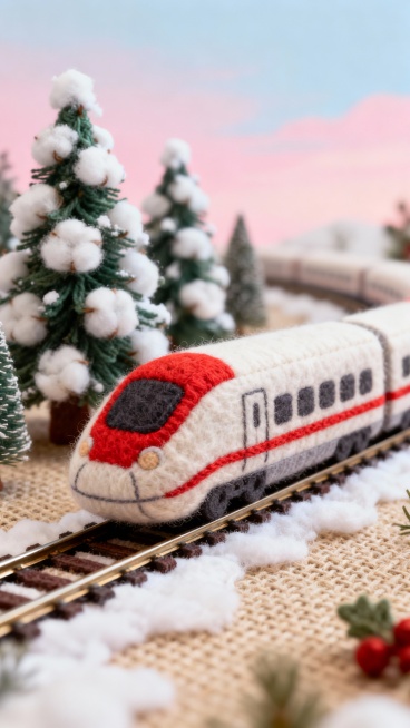 微缩模型场景，微距视角，一辆圣诞配色的毛绒高铁列车行驶在铁轨上，背景是人工编制景观，柔软的棉花做成的雪覆盖在松树上，天空呈现淡粉色与淡蓝色渐变，整体色调以圣诞色为主，毛线与纱线材质逼真，羊毛毛毡细腻柔预览效果