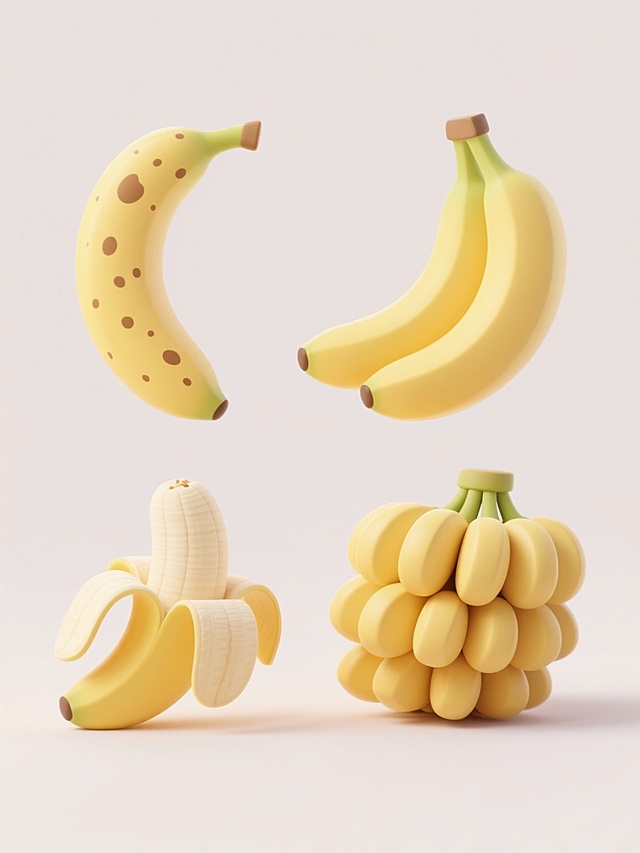 软3D风格的香蕉插画，包含四种不同形态的香蕉：顶部左侧是带有斑点的弯月形香蕉，顶部右侧是饱满完整的香蕉，底部左侧是剥开一半露出果肉的香蕉，底部右侧是一串紧密排列的香蕉束，整体色彩明亮，采用圆润的线条和柔和的光影过渡，呈现出光滑细腻的材质感，画面简洁干净，无任何文字元素。