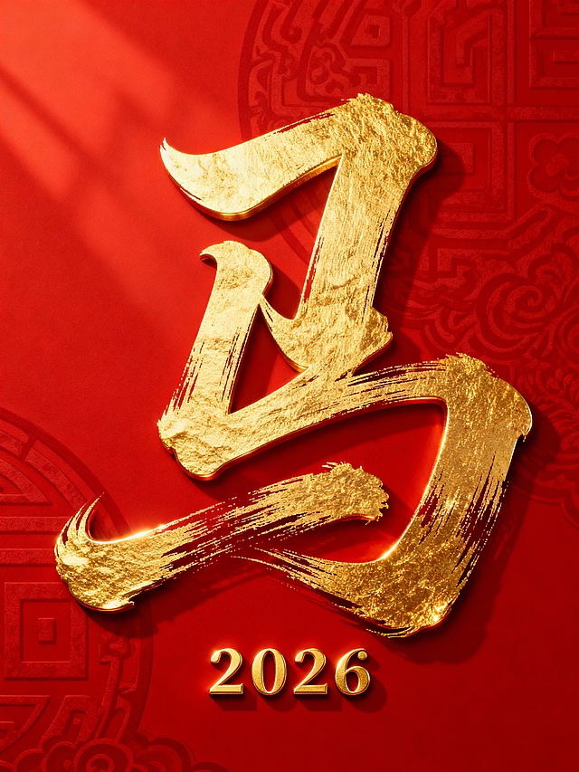 背景是红色搭配中式暗纹，主体是金色艺术感大字“马”，马的字体是毛笔字，飘逸潇洒，下方有金色艺术感小字“2026”