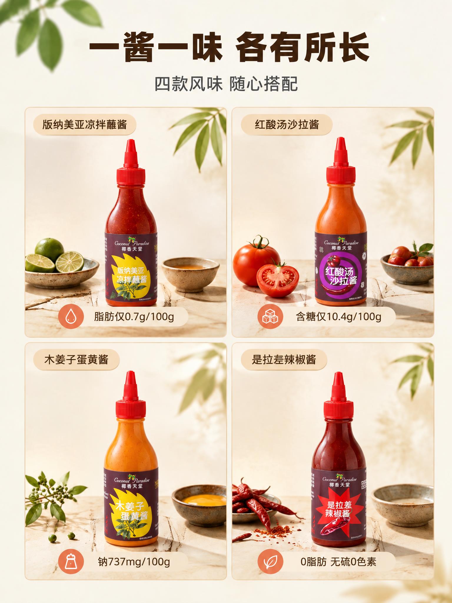 将图中四瓶酱料的瓶身标签分别替换为参考产品图中的对应标签：左上… - 图片创意预览