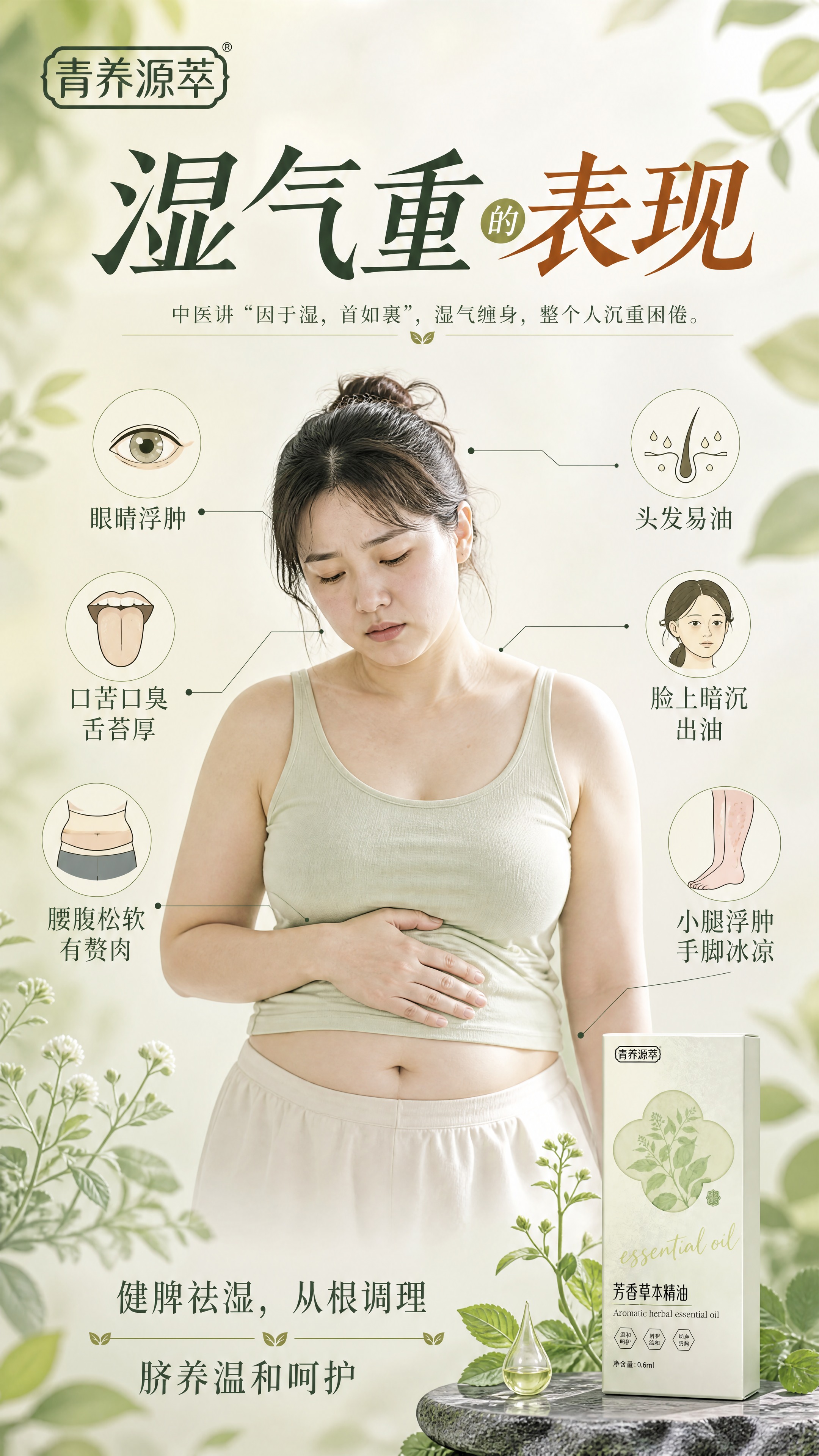 沿用参考图的清新浅绿米白草本色调，重新设计湿气重表现的中医专业… - 图片创意预览