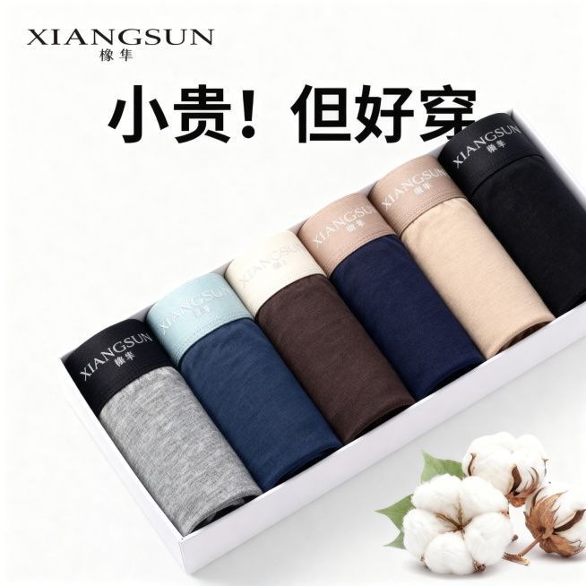 锁定原图背景，完全保留原图背景不变，仅修改白色礼盒内的5条内裤颜色：
第一条：腰头黑色，对应裤身灰色，保持腰头和裤身撞色；
第二条：腰头浅青灰色，对应裤身深蓝色，保持腰头和裤身撞色；
第三条：腰头浅米预览效果