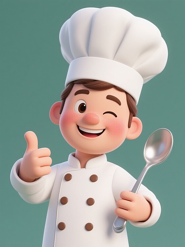 3D卡通风格，写实化处理的厨师形象，头戴白色高帽，身着带棕色纽扣的白色厨师服，面带自然微笑，左眼轻眨，双颊红润真实，左手自然竖起拇指，右手紧握银色汤勺，线条简洁，色彩明快且贴近现实感，呈现亲切友好的干净3D视觉效果。