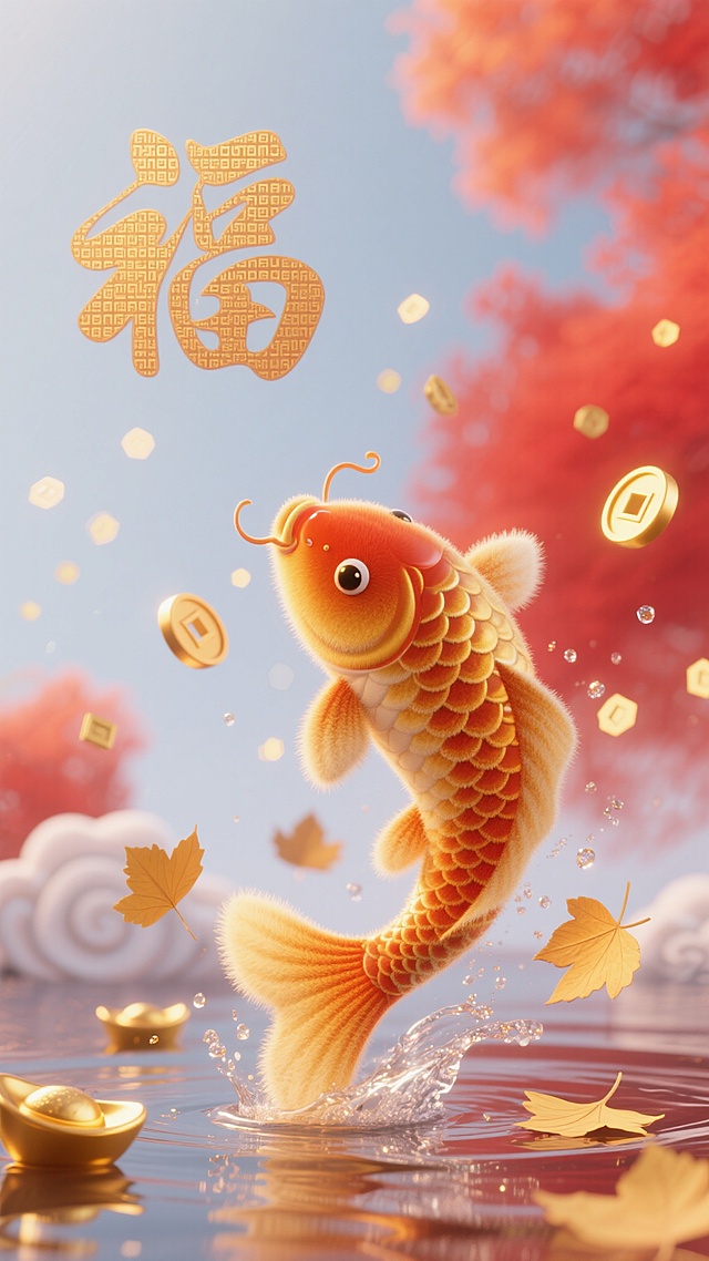 软3D风格的卡通锦鲤跃出水面，搭配鎏金“福”字与飘落的金币、枫叶，营造出喜庆梦幻的中式春节氛围，粒子光效点缀，尽显吉祥如意。