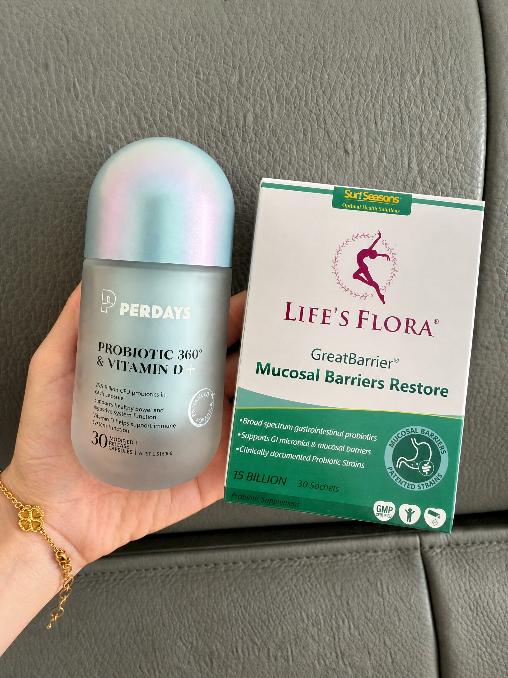 在第一张图的手上增加第二张图中的LIFE'S FLORA益生菌… - 图片创意预览