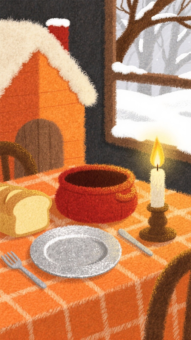 橙色调小屋餐桌，铺橙格桌布，摆炖着热汤的砂锅、烤面包与圣诞烛台。烛火摇曳映餐具，窗外雪落压枝。