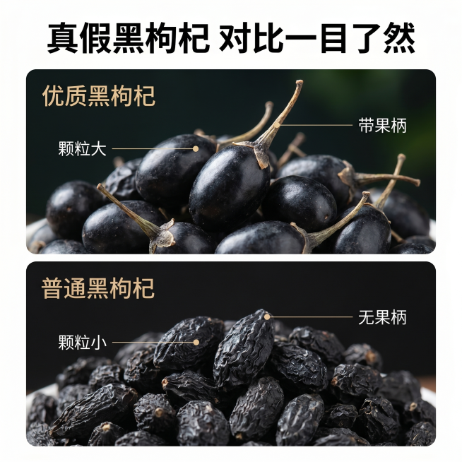 [主图-3] 真假黑枸杞对比细节主图。
[氛围风格] 清晰对比，直观易懂，专业品质风；
[画质] 商业摄影质感、光线柔和通透、产品清晰真实、画面干净高级。
[元素] 整图分为上下两区域，上方展示正品黑预览效果