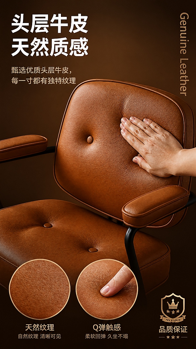 [第6张] 材质特写页-头层牛皮纹理与手感展示。本张使用【图6】金棕色升级款头层牛皮作为主体。
[氛围/风格] 高端质感，皮革微距特写，手部触摸展示，奢华品质感。
[元素布局] 画面主体为椅子靠背+坐垫的45°近景特写，占比约65%；一只手轻轻按压在靠背皮革上，展示皮革的柔软弹性和自然纹理；背景虚化，为暖棕色渐变；画面底部有两个小圆形特写：左侧为皮革纹理微距、右侧为手指按压回弹演示。椅子结构与图6一致：头层牛皮金棕色、黑色金属框架、拉扣设计。
[光影质感] 侧上方柔和暖光，突出皮革自然纹理和光泽，手部阴影柔和，整体温暖高级。
[配色色系] 全局底色深棕渐变#6B3A1F到#8B4513；主色金棕色皮革；辅助色暖光高光、深棕阴影。
[视角构图] 近景特写，微俯视角度，视觉中心在皮革纹理和手部互动处。
[文字版式] 左上主标题「头层牛皮 天然质感」，副标题「甄选优质头层牛皮，每一寸都有独特纹理」；主标题白色粗体大号，副标题浅米色小号；右侧竖排英文「Genuine Leather」；底部两个圆形特写下方分别标注「天然纹理」「Q弹触感」；右下角有品质徽章图标+「品质保证」字样。
[比例分辨率] 9:16竖版，width=1080，height=1920，4K分辨率，文字清晰可读。
[负向提示词] 皮革纹理失真，椅子结构错误，颜色偏差，水印，文字错乱，手部变形。