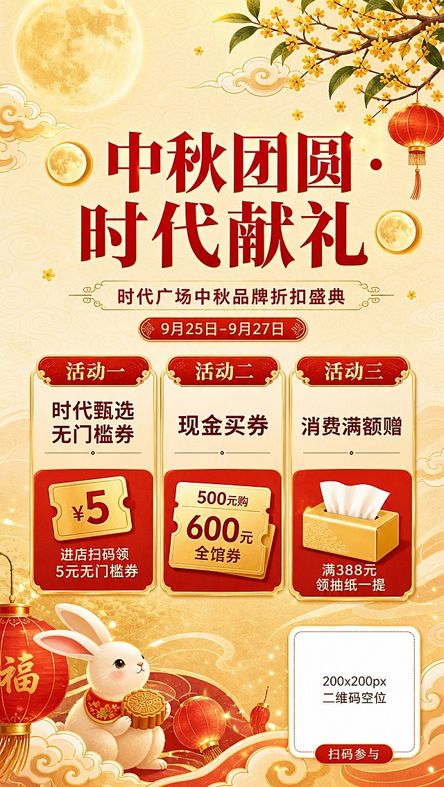 [商品] 无实物产品图，为品牌折扣活动宣传海报；预留产品图片空位（后续人工替换），空位为竖版白色圆角矩形占位框，标注"产品图"小字。
[画面] 活动头图主视觉，竖版海报构图，居中偏上放置大标题，下方排列三大活动福利卡片，底部留二维码空位；页眉有圆月、祥云、桂花枝点缀，页脚有玉兔、灯笼、祥云装饰；整体喜庆大气，中秋氛围浓厚。
[视觉] 套系策略：风格=中秋国风商业海报；标题字=粗宋体系列，厚重有力；正文字=简洁无衬线体；主色=正红色+金色；背景延展=米白渐变到浅金色，带细腻云纹底纹；强调色=金色，用于图标、标签边框、装饰线条；标题色=正红色；正文色=深棕红；组件=圆角红底金字折扣标签、金色细线分割、祥云纹样、圆月元素；光影=柔和顶光，金色光晕点缀。
[文字] 顶部居中主标题"🌕 中秋团圆 · 时代献礼 🌕"，副标题"时代广场中秋品牌折扣盛典"，日期"9月25日-9月27日"；中部三张活动卡片：【活动一】时代甄选无门槛券-进店扫码领5元无门槛券；【活动二】现金买券-500元购600元全馆券；【活动三】消费满额赠-满388元领抽纸一提；底部右侧预留200x200px二维码空白位，标注"扫码参与"。文字全部横排，层级清晰。
[规格] 竖版1080x1920px，4K分辨率，负向：避免文字模糊、二维码位过小、冷色调主导、元素杂乱、文字竖排旋转。