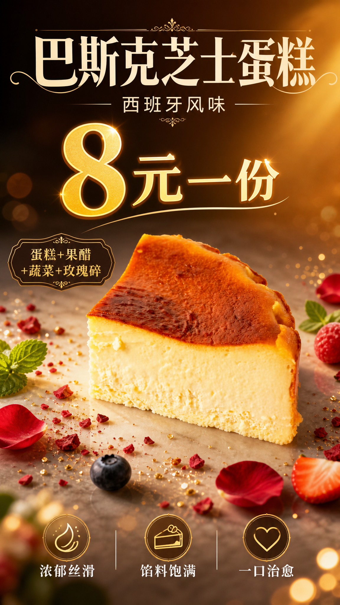 基于上传的巴斯克芝士蛋糕图片，制作一张高级美食促销海报。蛋糕主… - 图片创意预览