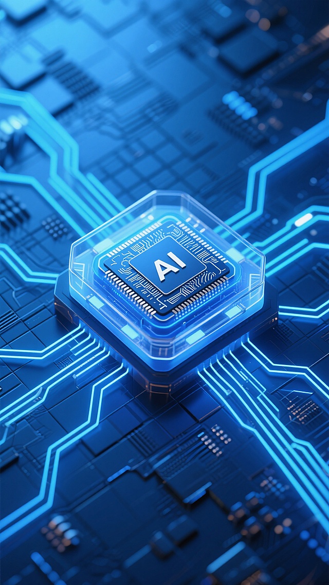 未来感蓝色系科技海报，中央为六边形透明保护罩包裹的悬浮AI芯片，芯片表面有精密电路纹路，周围环绕放射状发光电路板，线条流畅且带有淡蓝色光晕，背景为深蓝色网格状电路板图案，整体画面具有强烈的层次感和科技感，光影效果柔和，突出芯片的核心地位，营造出高端、前沿的电子科技氛围。
