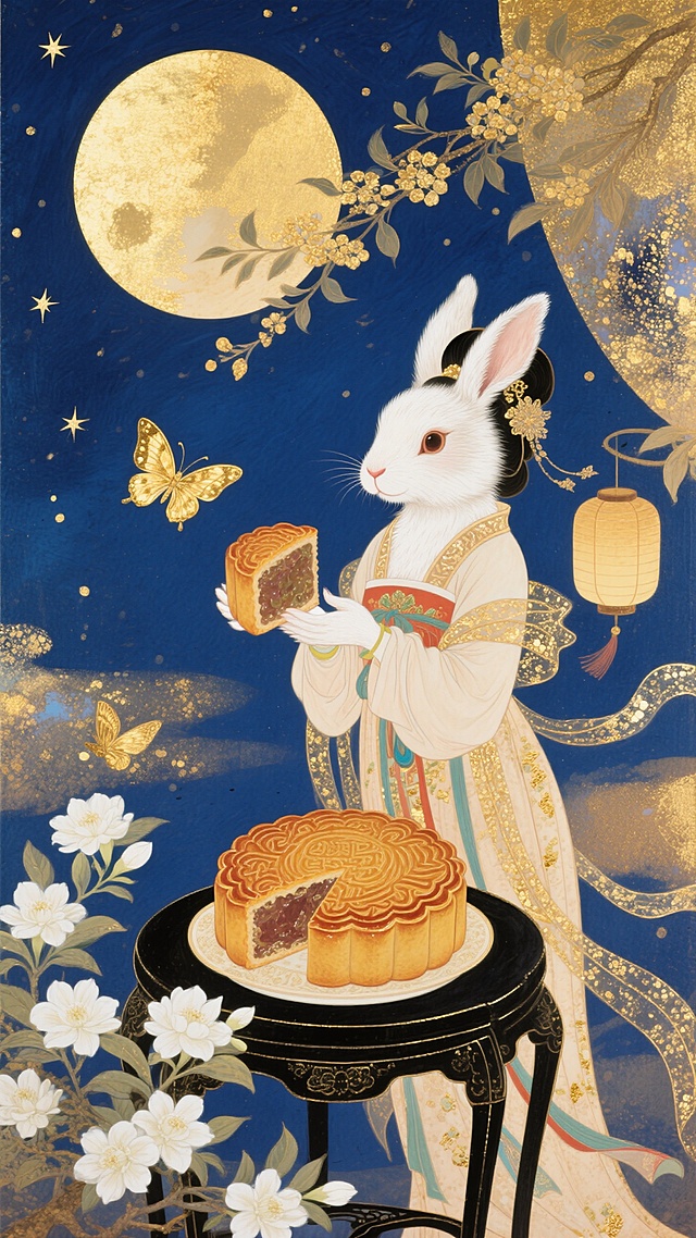 画面中央是一只身着嫦娥服饰的拟人化玉兔，正捧着一块切开的精美巨大月饼，月饼置于带有花纹的黑色小桌上。周围有盛开的茉莉花、金色蝴蝶，上方是圆月和桂花枝，搭配小灯笼，背景是点缀星星的深蓝色夜空，暖金色调