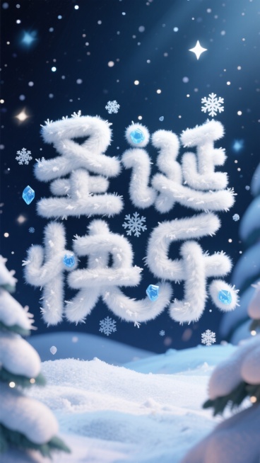 “圣诞快乐”一词采用柔软、蓬松的白色和银色人造毛皮制成，撒上了霜和闪烁的雪花，冰蓝色的点缀，寒冷而舒适冬季感觉，可见纤维的毛绒材料，柔和的阴影，在繁星点点的冬夜背景上。预览效果