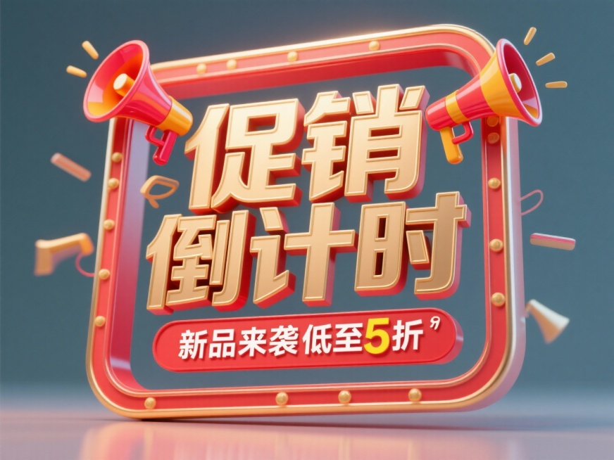 主标题为“促销倒计时”，副标题为“新品来袭低至5折”，喇叭装饰在文本框边上，红金配色预览效果