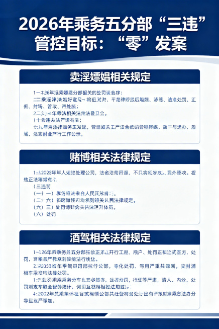 一张严肃正式的企业宣传海报，顶部显眼位置有大标题“2026年乘务五分部‘三违’管控目标：‘零’发案”，下方分三个板块，分别是“卖淫嫖娼相关规定”“赌博相关法律规定”“酒驾相关法律规定”，每个板块清晰列预览效果