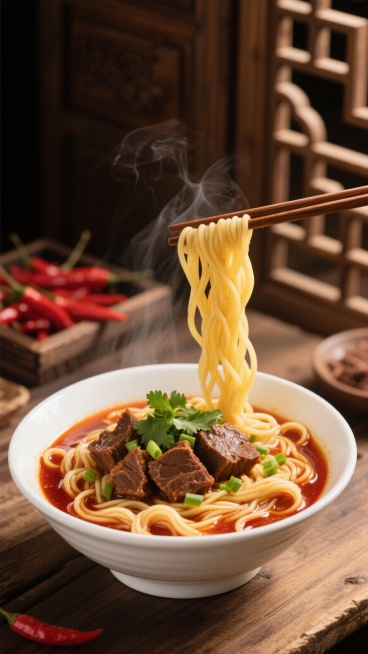 写实风格美食摄影，特写镜头展示一碗热气腾腾的牛肉面，白色瓷碗中筋道的黄色面条浸在红褐色浓郁汤汁里，大块炖煮软烂的深棕色牛肉块铺在面上，翠绿香菜和葱花点缀其间，一双筷子正夹起部分面条使面条自然垂下形成优美弧线，背景为中式木质屏风和摆放着红辣椒的古朴木桌，暖色调光线从侧上方打亮食物表面形成细腻高光与阴影，突出食材纹理与质感，营造出诱人的中式传统美食氛围。预览效果