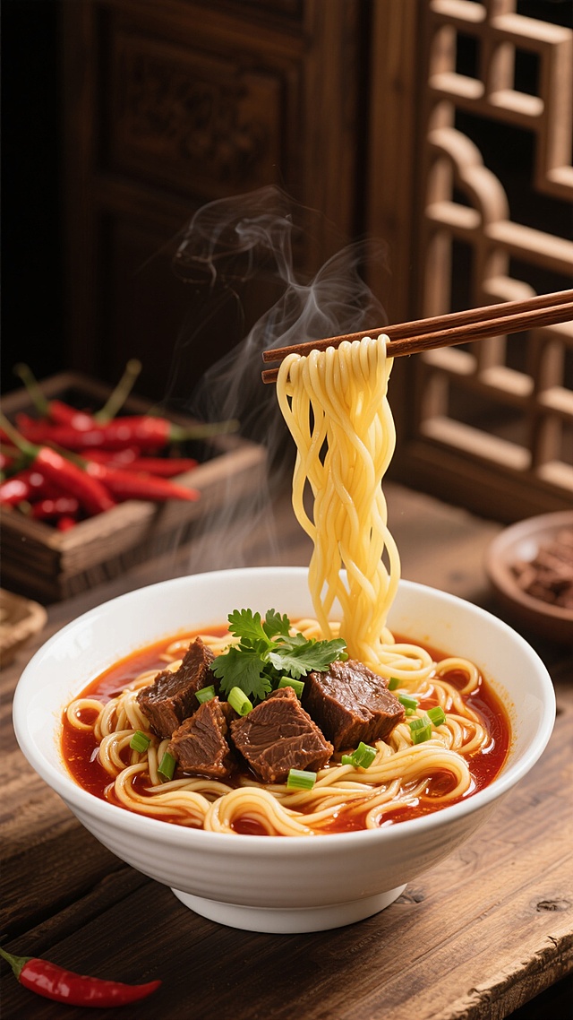 写实风格美食摄影，特写镜头展示一碗热气腾腾的牛肉面，白色瓷碗中筋道的黄色面条浸在红褐色浓郁汤汁里，大块炖煮软烂的深棕色牛肉块铺在面上，翠绿香菜和葱花点缀其间，一双筷子正夹起部分面条使面条自然垂下形成优美弧线，背景为中式木质屏风和摆放着红辣椒的古朴木桌，暖色调光线从侧上方打亮食物表面形成细腻高光与阴影，突出食材纹理与质感，营造出诱人的中式传统美食氛围。