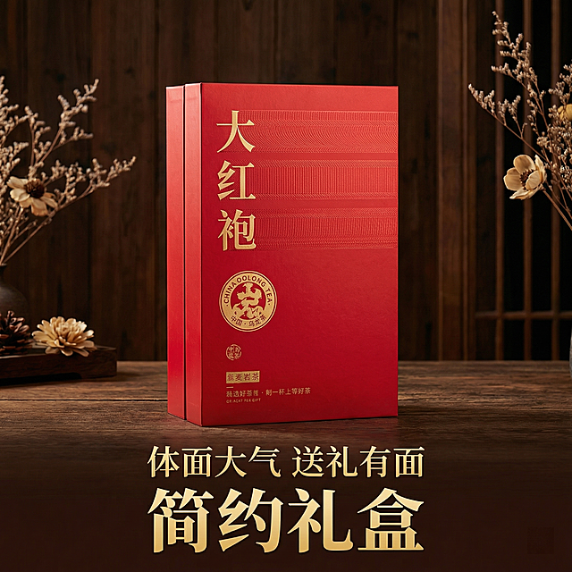 [主图 5] 大红袍简约礼盒送礼属性展示重新生成
[氛围风格] 轻奢大气，高端喜庆，自然节日送礼氛围
[画面元素] 商业摄影质感、光线柔和通透、产品清晰真实、画面干净高级。严格保留原图大红袍礼盒外观：正面开合设计，无侧面中线，不添加额外纸带装饰。礼盒完整居中展示，放置在深色质感木质案台上，背景点缀简约干花装饰，突出礼盒原本的简约大气设计，无边框满铺背景。
[配色色系] 主色调：正红礼盒，深木色背景；辅助色：金色文字，自然暖调光影
[视角构图] 中心平视构图，礼盒整体完整展示，不裁剪
[文字版式] 底部居中排列，主标题 "简约礼盒" 金色大号粗体；副标题 "体面大气 送礼有面" 字号约为一半，深棕色居中对齐在主标题上方，完全不遮挡礼盒主体。
[比例分辨率] 1:1 比例，2k 分辨率，文字清晰可辨，超高清
[负向提示词] 变形，水印，文字错乱，产品图模糊，背景杂乱，额外纸带，侧面中线，错误开盖结构，遮挡主体